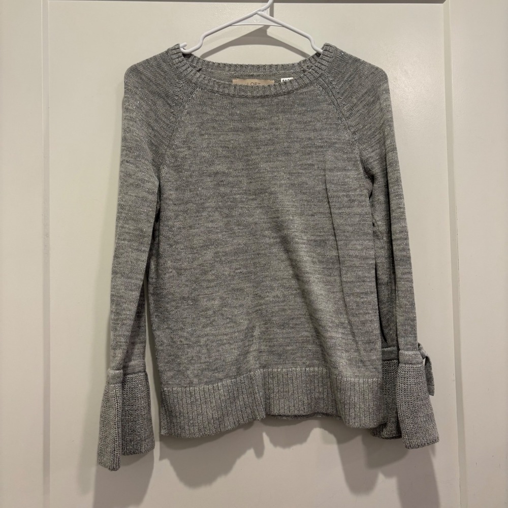 LOFT Grey Shimmer Knit Tie Bell Sleeve Crewneck Sweater XS